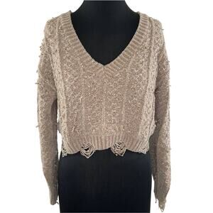 The Impeccable Pig Tan V-Neck Distressed Long Sleeve Women Crop Knit Sweater S